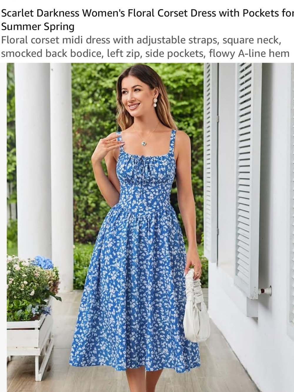 Blue Floral Corset Midi Dress with Adjustable Straps